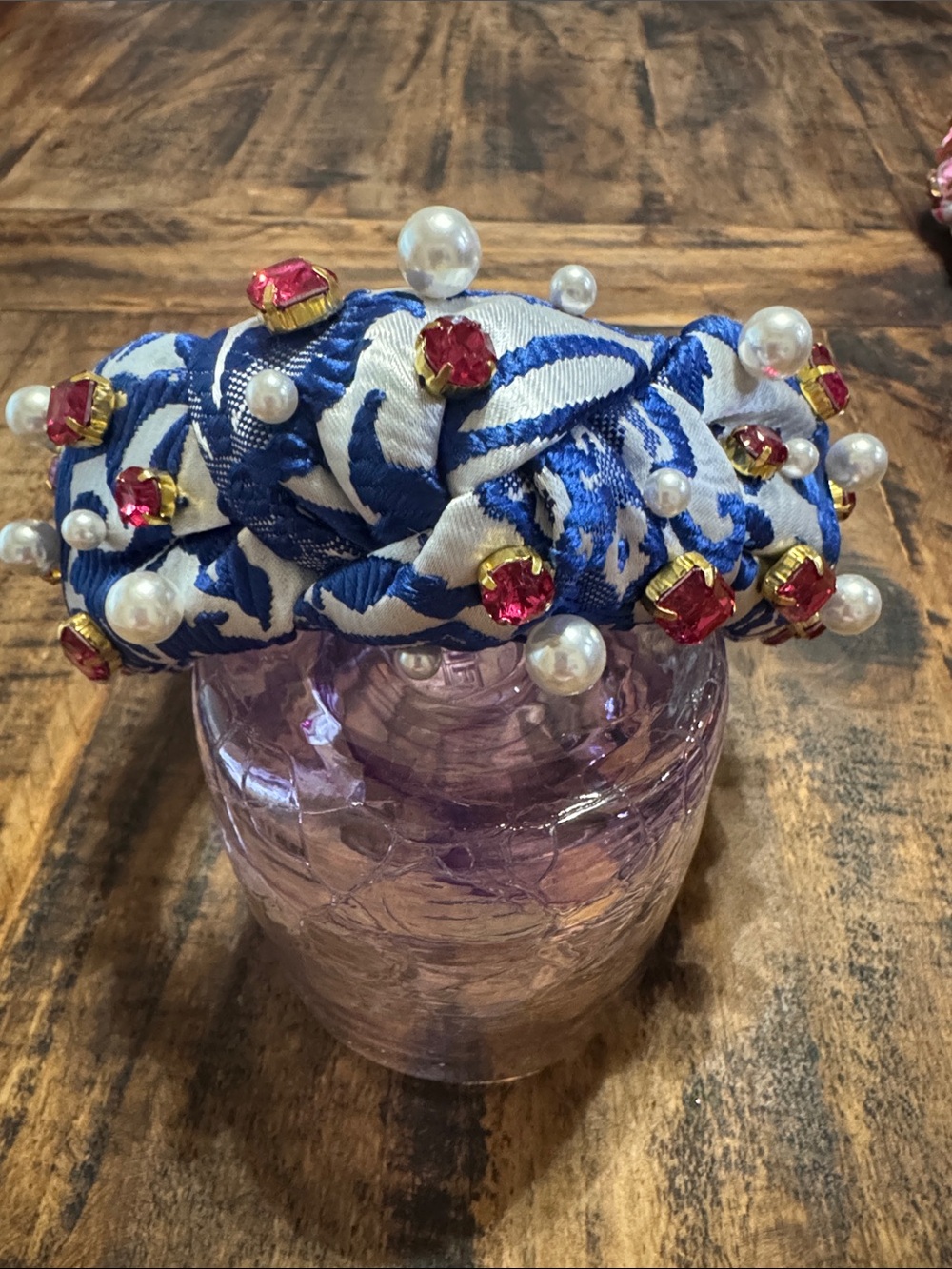 Brianna Cannon Blue & White Knotted Headband withPearl & Pink Crystal Accents